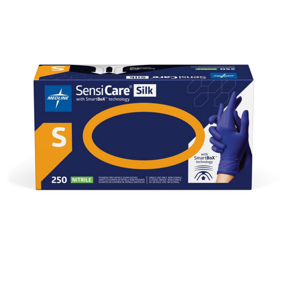 A 250-count box of Medline SensiCare Silk Nitrile Exam Gloves with SmartBoX Design, size small, features blue and orange packaging showing a hand donning a glove and highlights enhanced tactile sensitivity.